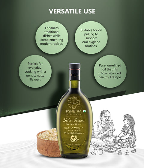 Extra Virgin Sesame Oil with High Sesamol | Dolce Sesamo | Aflatoxin free | Monocultivar| UNREFINED | Cold Single Pressed