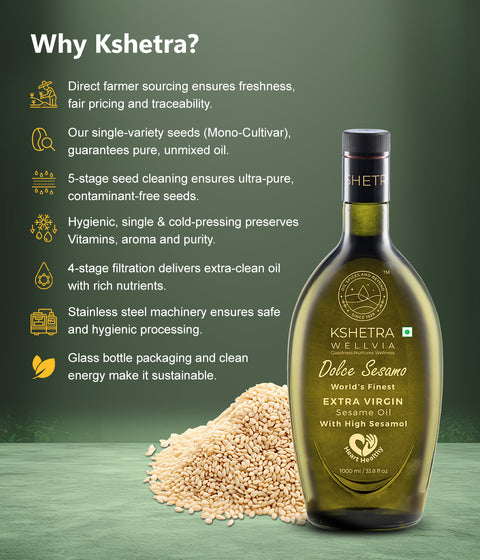 Extra Virgin Sesame Oil with High Sesamol | Dolce Sesamo | Aflatoxin free | Monocultivar| UNREFINED | Cold Single Pressed