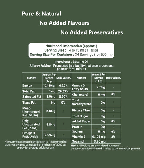 Extra Virgin Sesame Oil with High Sesamol | Dolce Sesamo | Aflatoxin free | Monocultivar| UNREFINED | Cold Single Pressed