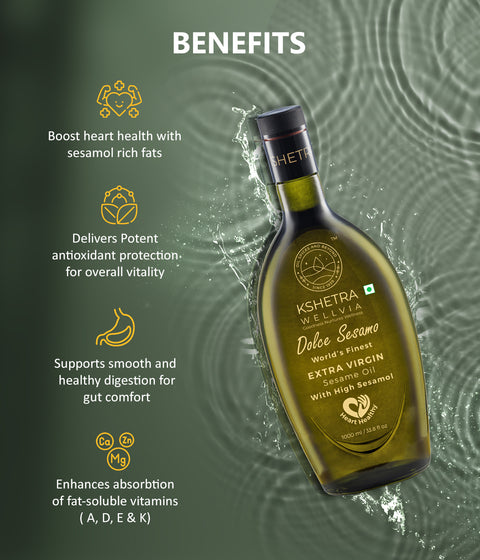 Extra Virgin Sesame Oil with High Sesamol | Dolce Sesamo | Aflatoxin free | Monocultivar| UNREFINED | Cold Single Pressed